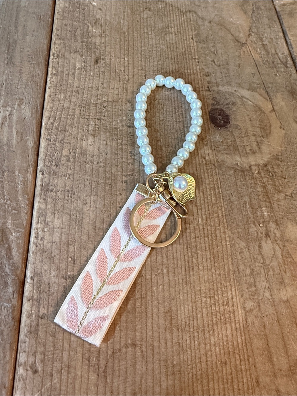Pearl Bead Wrist Keyring with Pink Leaf Ribbon and Gold Accents